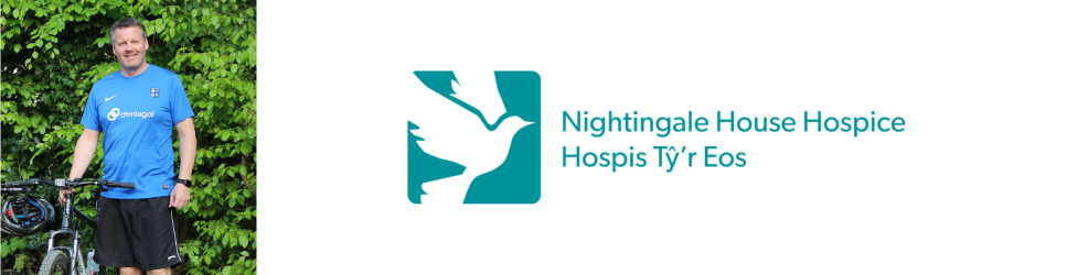 The Nightingale House Hospice Logo with an image of Richard Thomas when participating in a fundraising cycle ride.